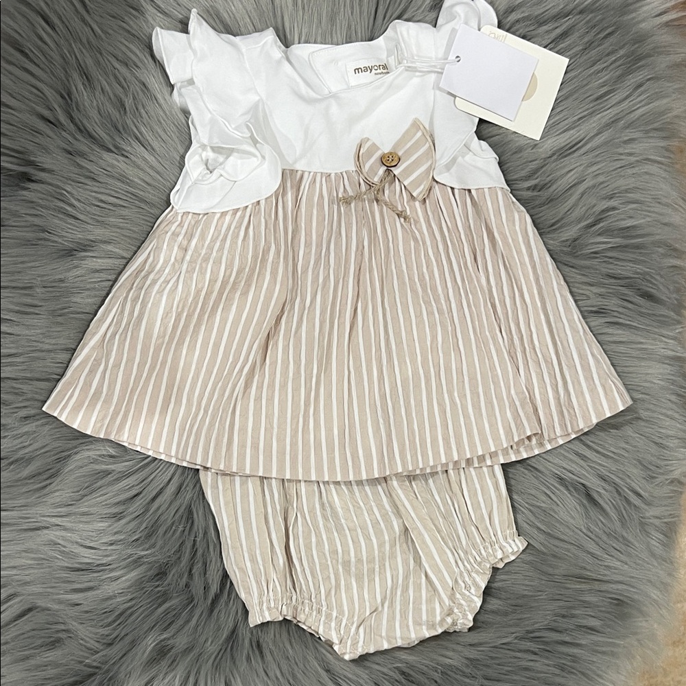 NWT Mayoral Cream and White Striped Diaper Cover Dress Set sz 1-2 months